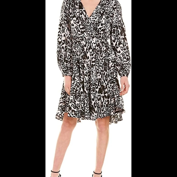 Milly NWT Wrap GINA Animal Print Adjustable Black Long sleeve Dress LG - Picture 2 of 13